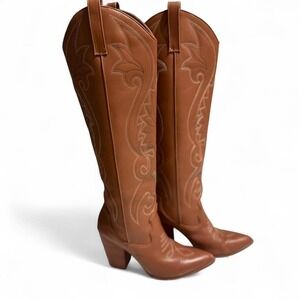 Steve Madden Lasso Western Boots Tan Leather Size 8.5 Cowboy Knee High